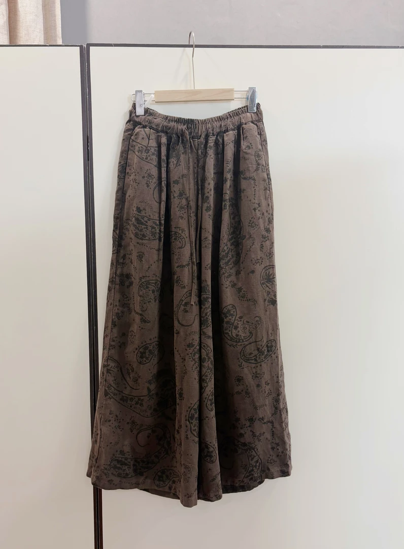 咖色腰果提花雨露厚麻阔腿裤百搭文艺秋冬