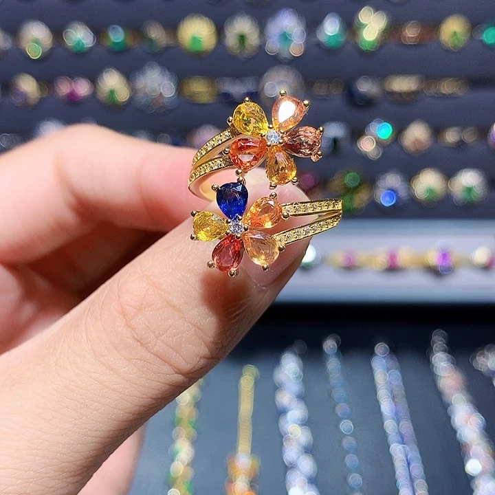 彩色蓝宝石戒指银S925镶嵌