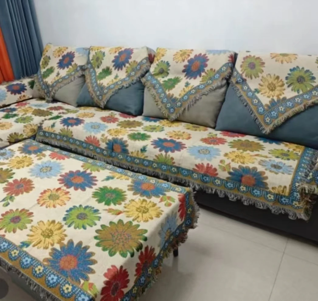 小太阳花双面用提花沙发巾带流苏尺寸沙发巾缩水介意慎拍）