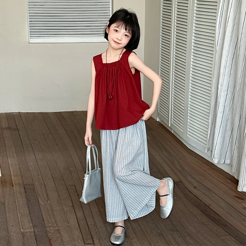 【嘻嘻柚】女童夏季无袖上衣裙裤套装2025新款洋气娃娃衫上衣两件套