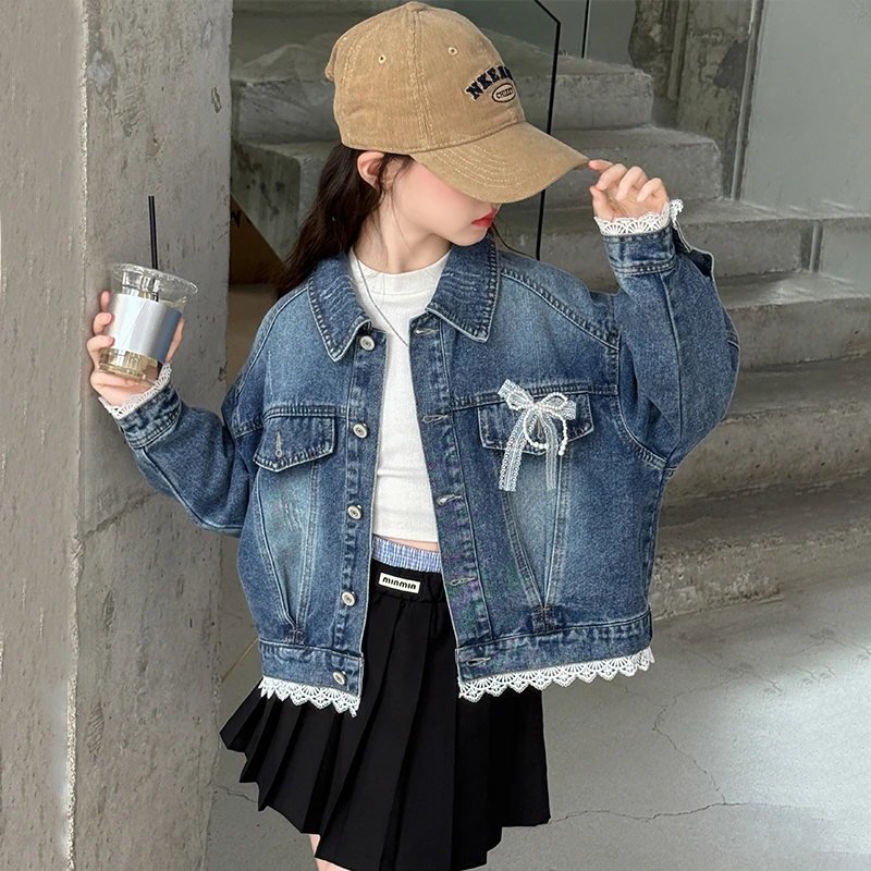 女童秋季牛仔外套2025新款女大童秋装时尚蕾丝拼接蝴蝶结短款夹克