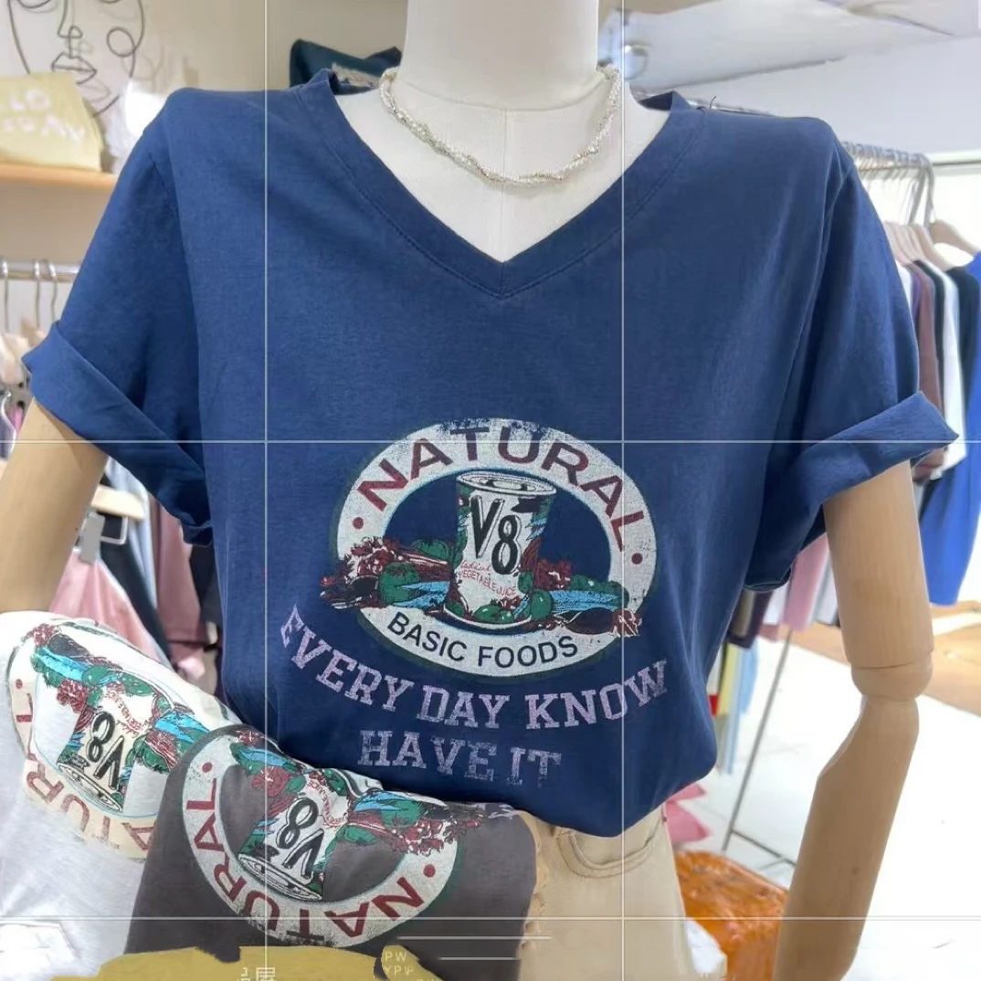 印花简约V领常规韩版正肩袖短袖卡通运动T恤