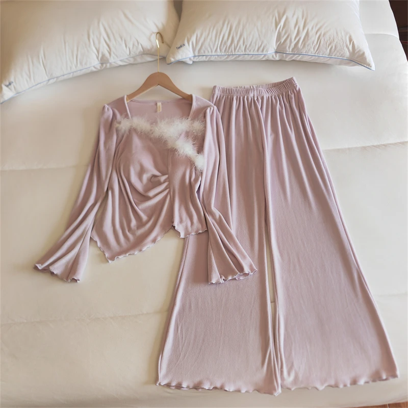 庆同新款海岛绒睡衣女春秋冬季长袖花边少女网红风带胸垫家居服