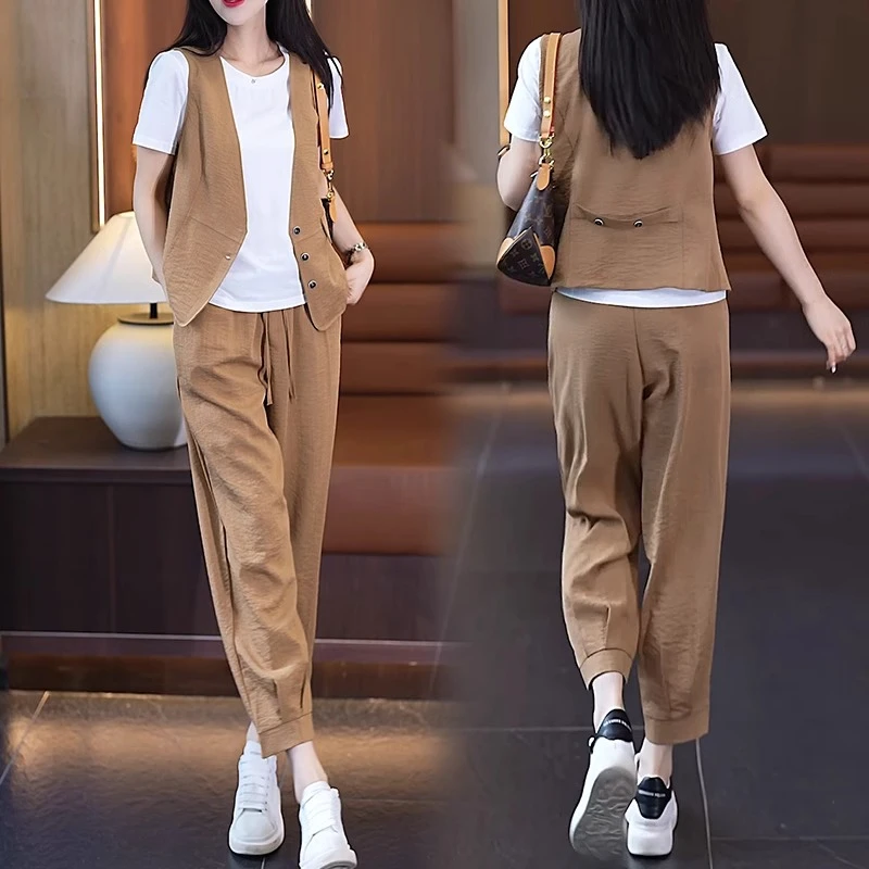 2025年夏季新款洋气质开衫短袖马甲哈伦裤套装时尚休闲三件套女装