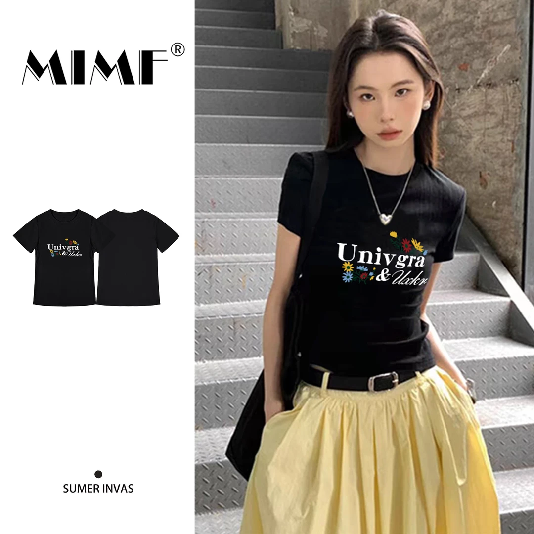 mnmf美式潮牌字母印花正肩短袖T恤女装夏季修身显瘦短款oversize