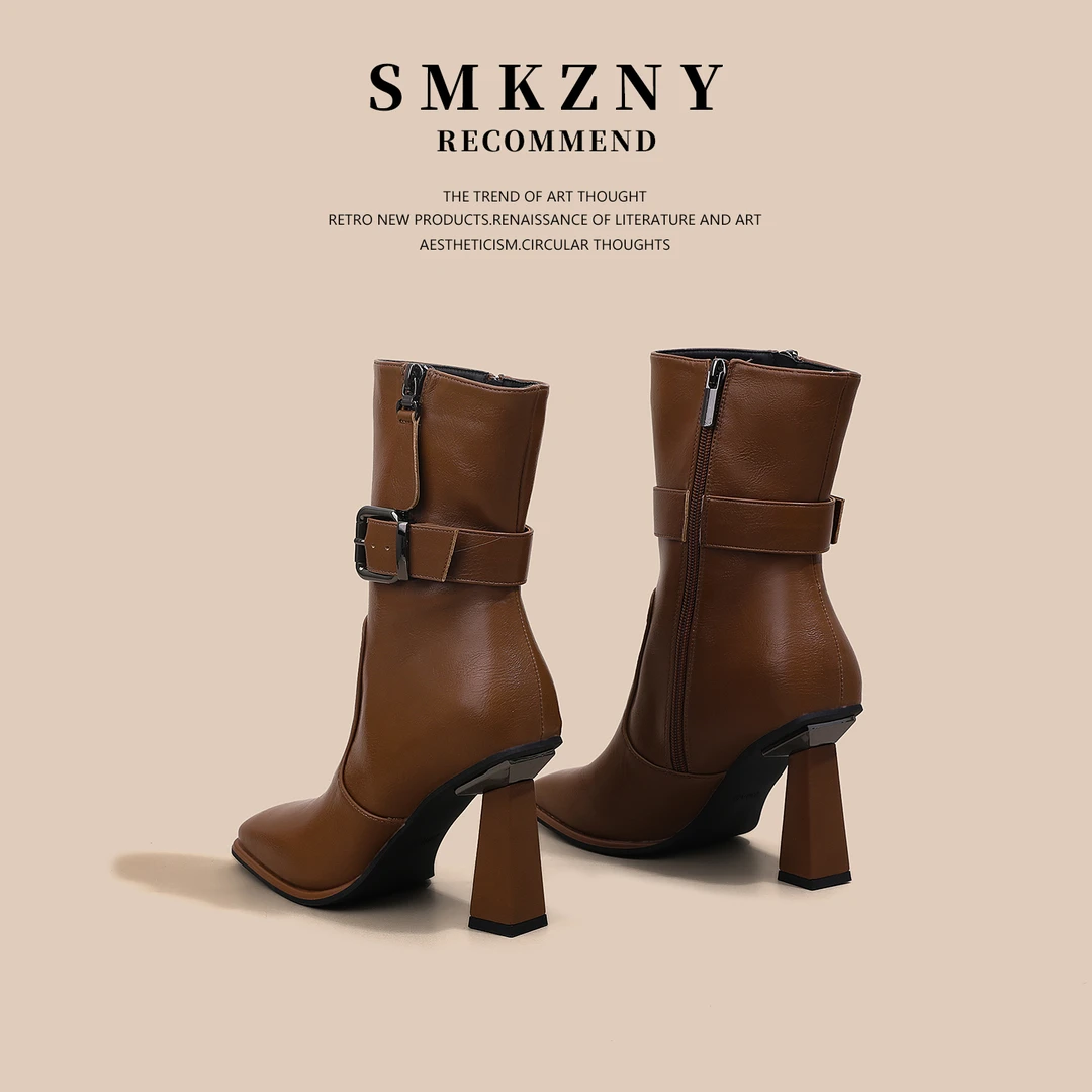 欧美风方头高跟棕色小短靴女款2025新款早秋百搭复古皮带扣中筒靴