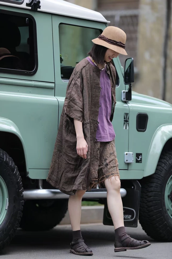 小红分享-荼35017圆领宽松中长款休闲做旧开衫外套94围160