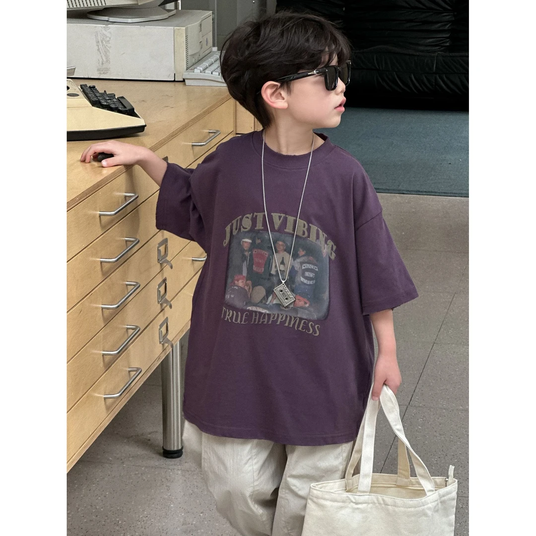 儿童棉T恤2025夏季新款男童韩版宽松上衣中小童时尚圆领套头衫潮