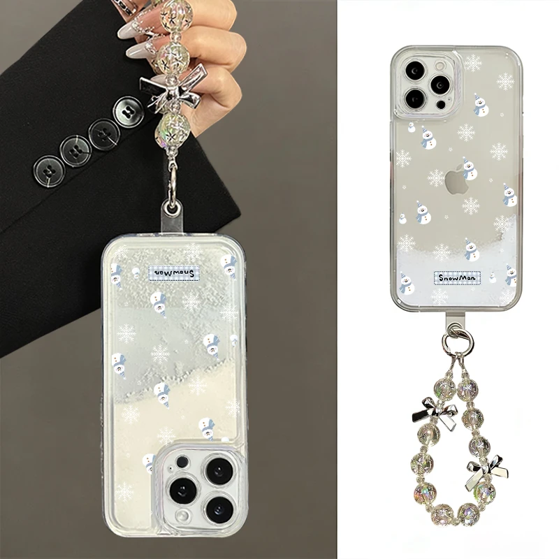 流沙雪花雪人挂链适用iphone16流沙手机壳华为P70vivo小米oppo套