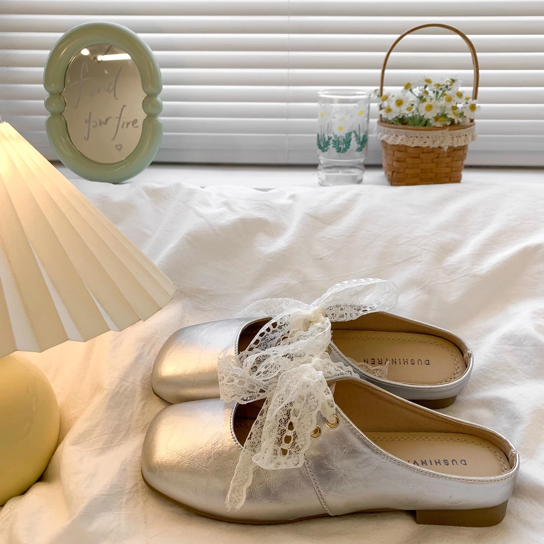 法式绝美包头半拖鞋女外穿2025春夏新款低跟蕾丝蝴蝶结玛丽珍凉拖
