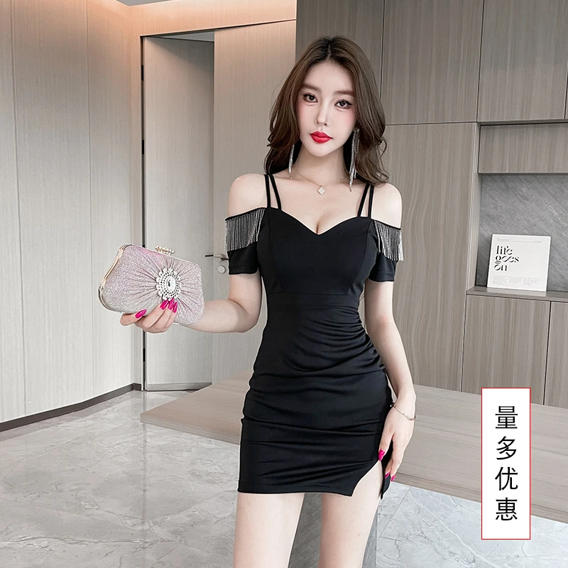 连衣裙洗浴制服性感修身开叉名媛露肩对襟包臀裙吊带