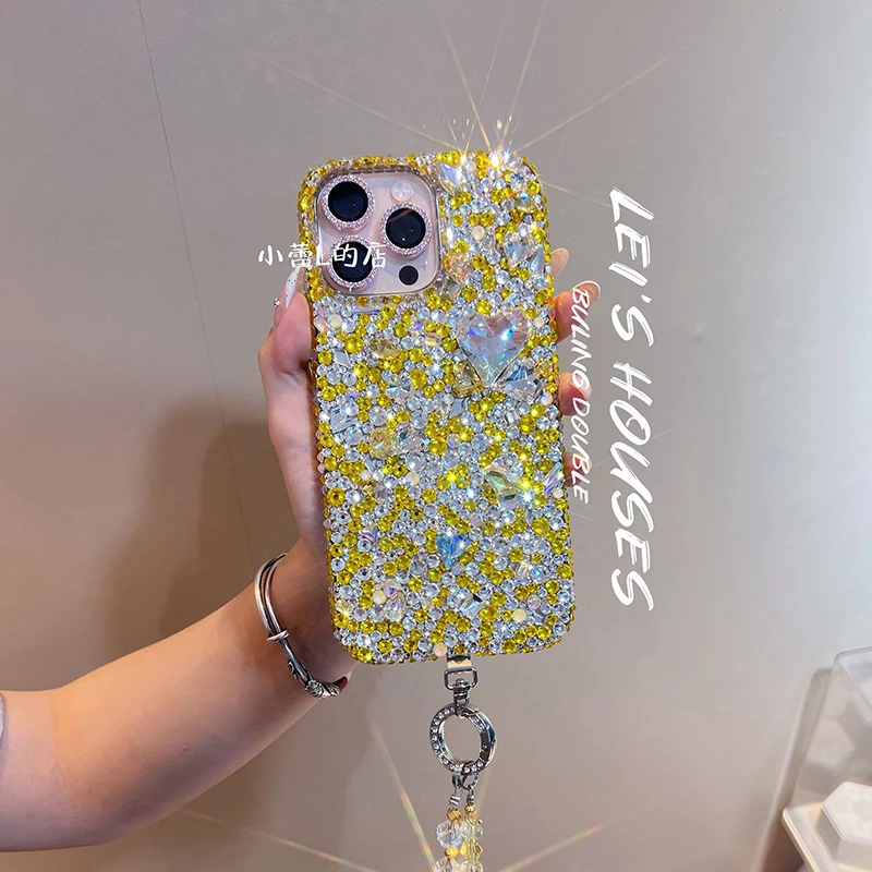 招财黄金色满钻大歪心水钻手机壳14适用15pro苹果16promax华为ins