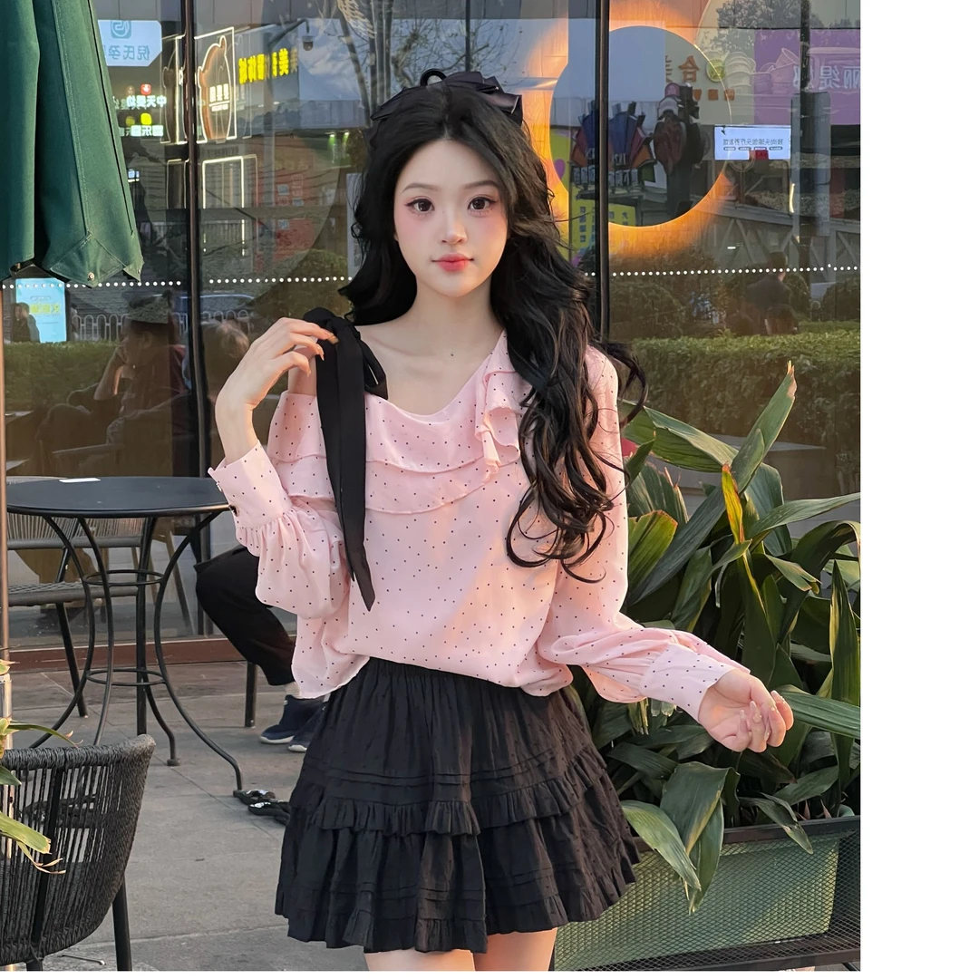 【两件套】熙熙专属2025夏荷叶边露肩蝴蝶结衬衫+高腰a字短裙套装