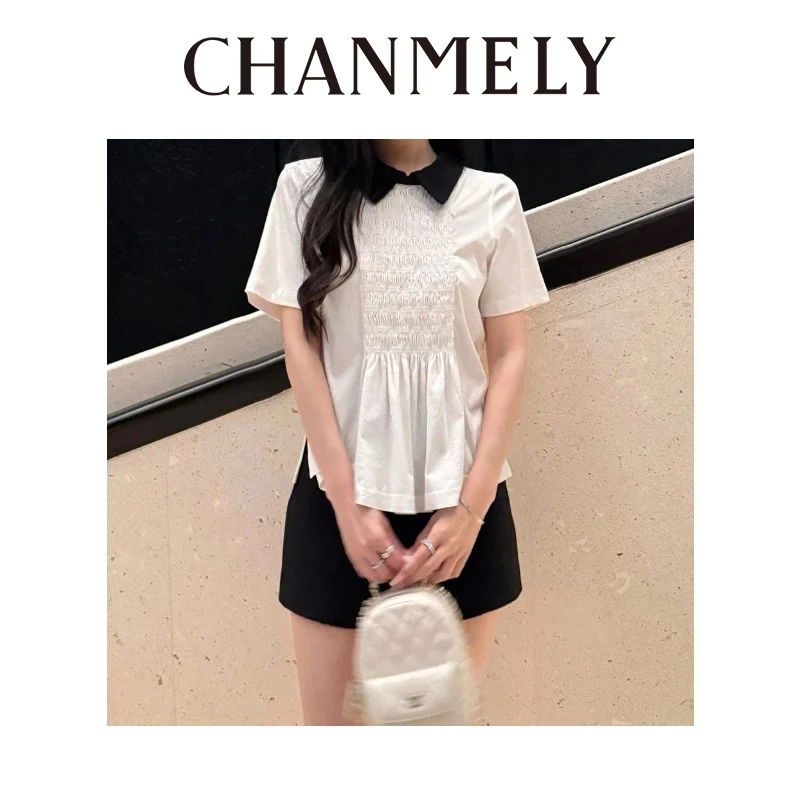 【CHANMITY】25/ss小香风重工刺绣收褶减龄PoLo领T恤025287