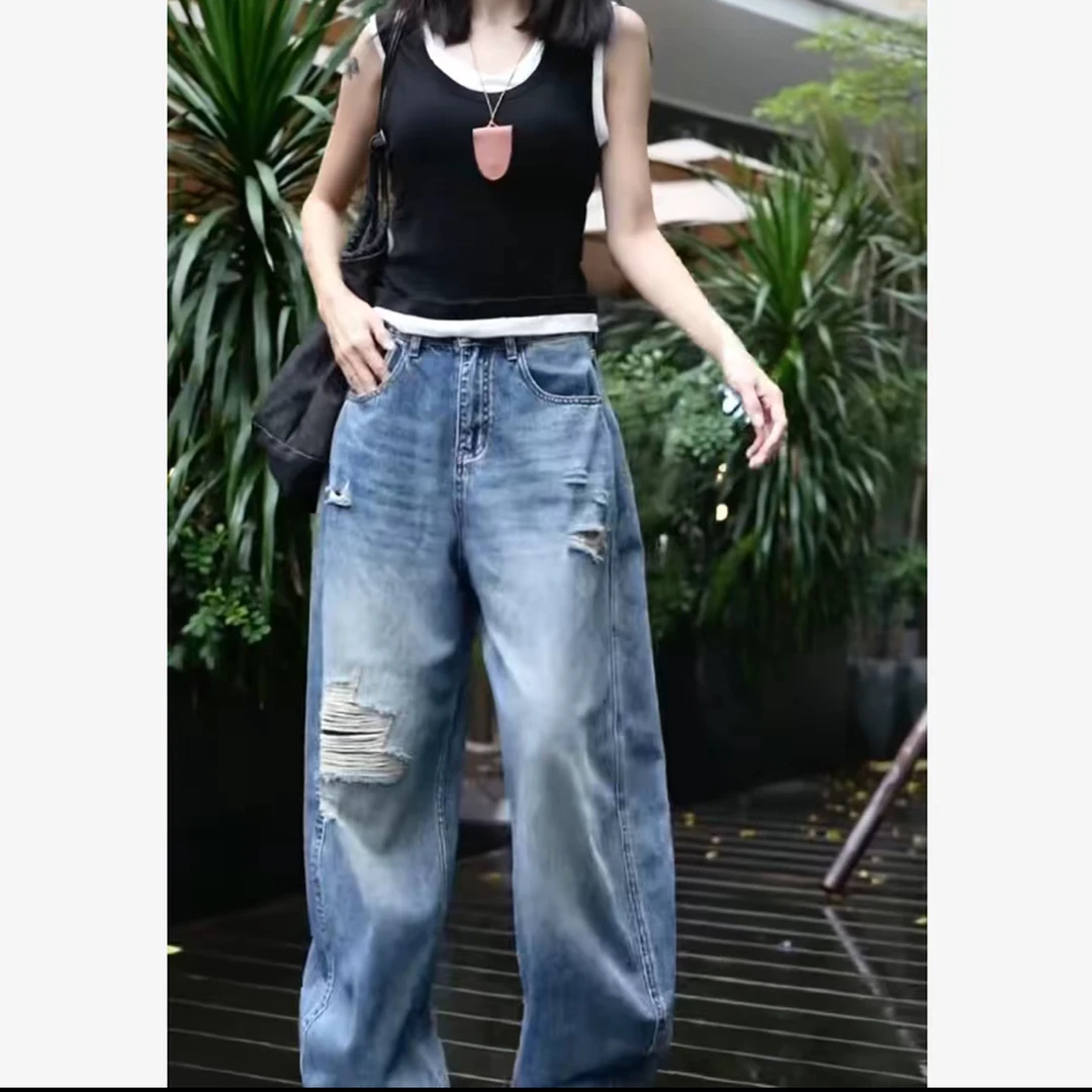 新款减龄气质穿搭女装高腰宽松做旧