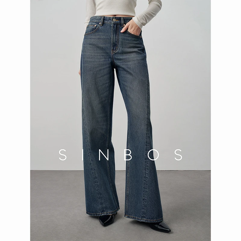 SINBOS赴川 四季百搭经典丹宁100棉微喇牛仔裤女春季新款直筒长裤