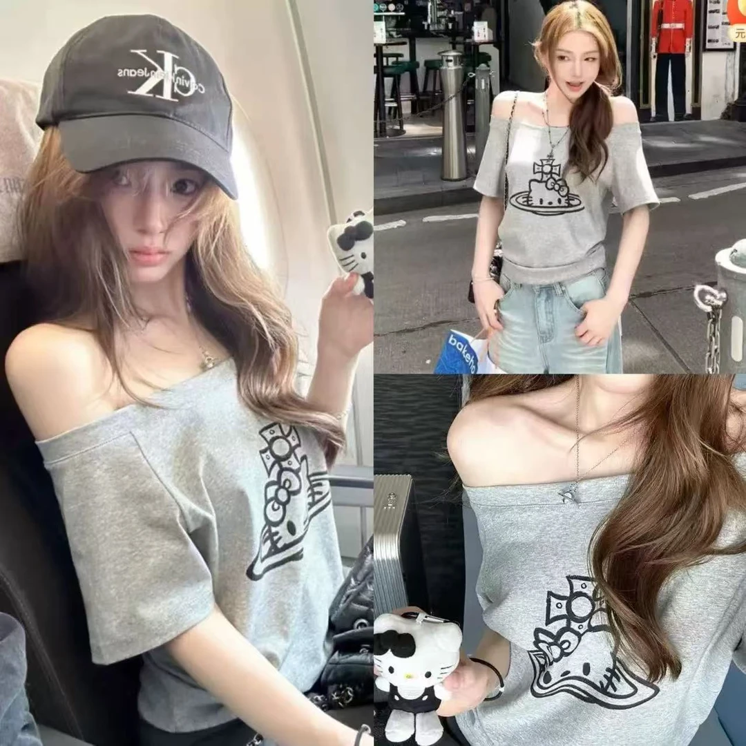 2025夏季新款美式印花kitty斜肩一字领短袖T恤学院风辣妹百搭上衣