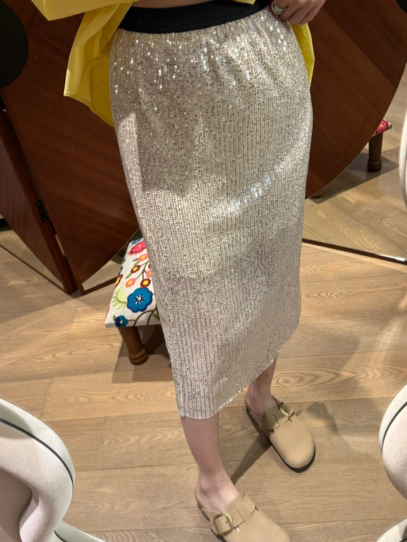 【张静芝】亮片松紧腰中长款半身裙