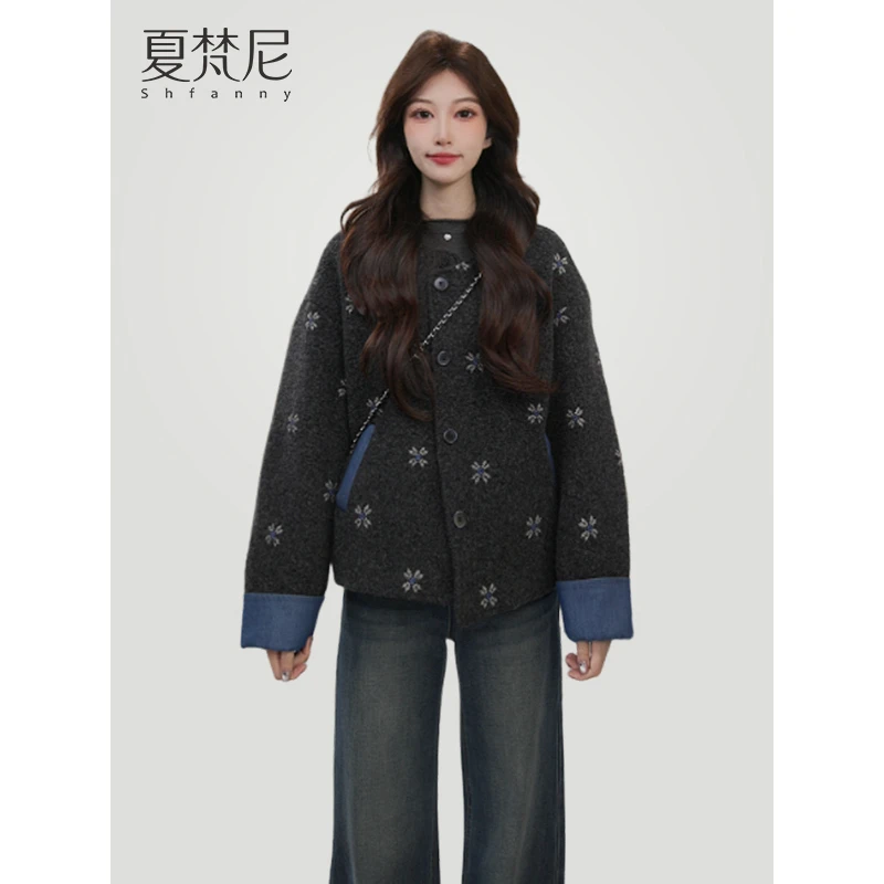 夏梵尼冬野培茶秋冬气质撞色百搭毛毛短外套网红爆款高级感外衣女