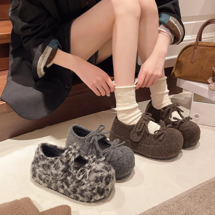 复古厚底毛毛勃肯鞋玛丽珍女2025加绒保暖一字扣浅口单鞋冬季棉鞋