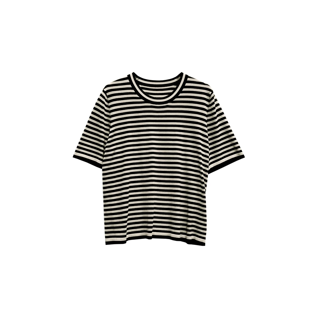 女装宽松桑蚕丝混纺条纹针织短袖22465