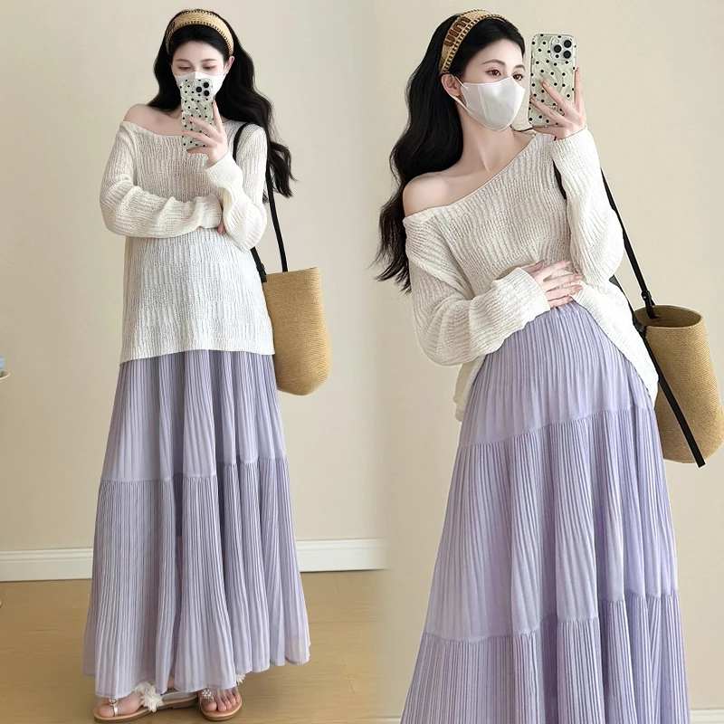 气质孕妇春夏新款防晒＋孕妇百褶紫色半身长裙时尚宽松两件装显瘦