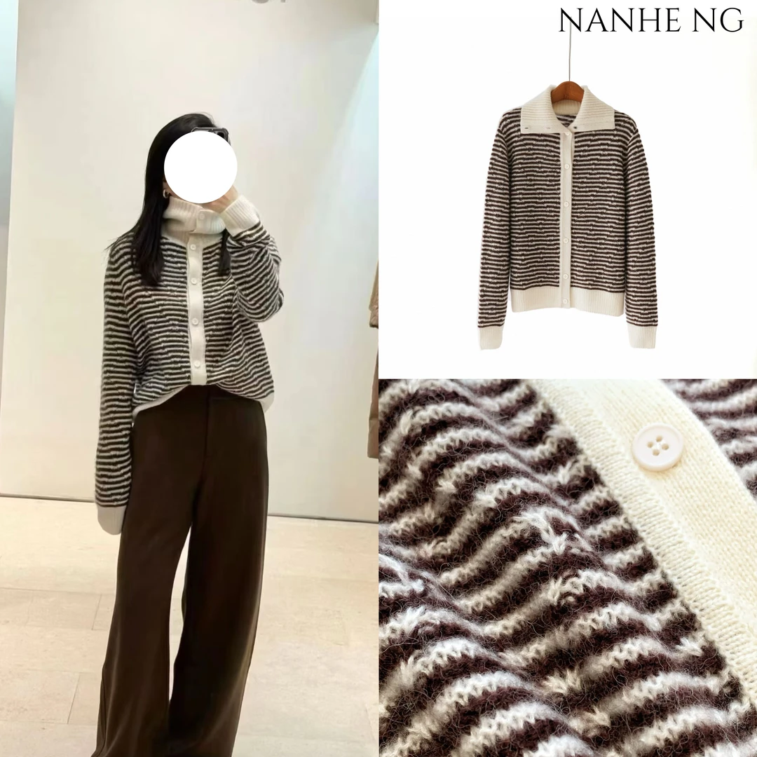 51217B新款冬季温柔慵懒风条纹翻领针织衫女百搭高级感显瘦气质