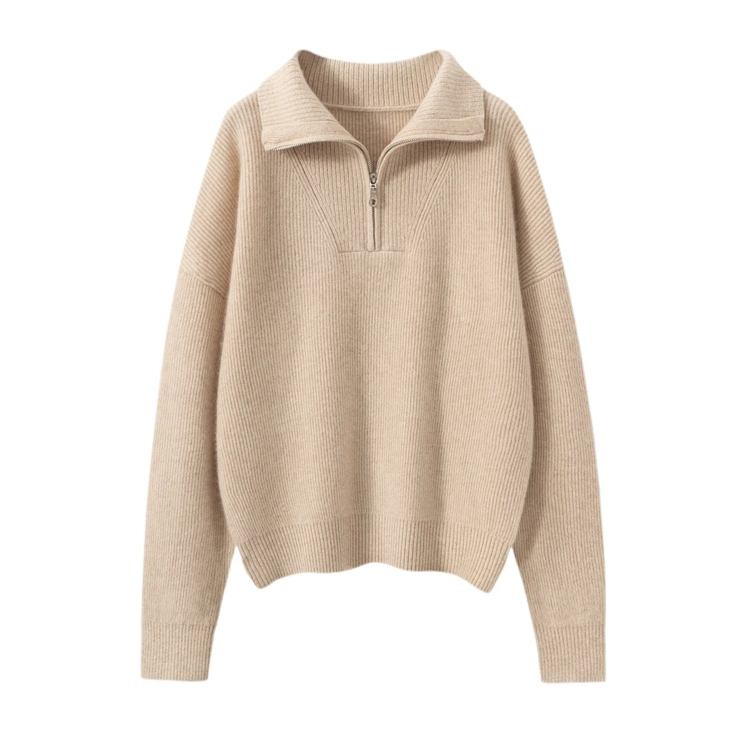 小禾同款女士加厚山羊绒半拉链翻领慵懒风针织衫毛衣长袖套头上衣