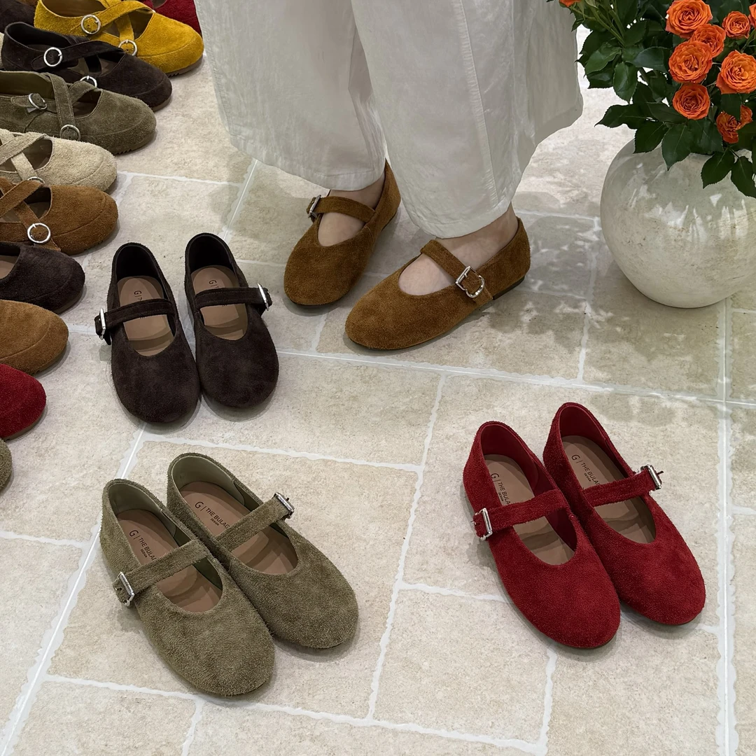 牛皮真皮平底玛丽珍鞋女瓢鞋年新款磨砂牛皮圆头奶奶鞋502-6