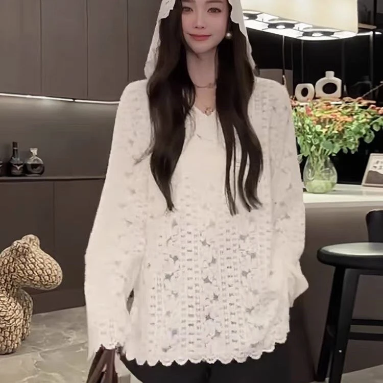 连帽蕾丝钩花镂空设计纯色针织衫女2025春秋新款休闲气质长袖上衣