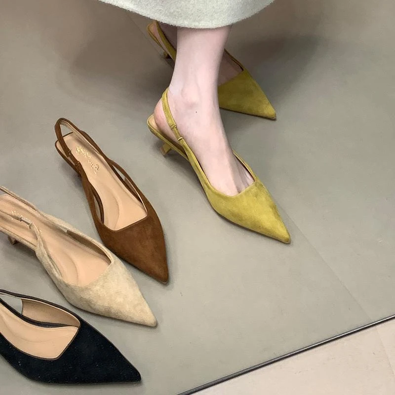 复古气质包头尖头凉鞋女夏季绒面细跟时尚高跟鞋浅口后空单鞋