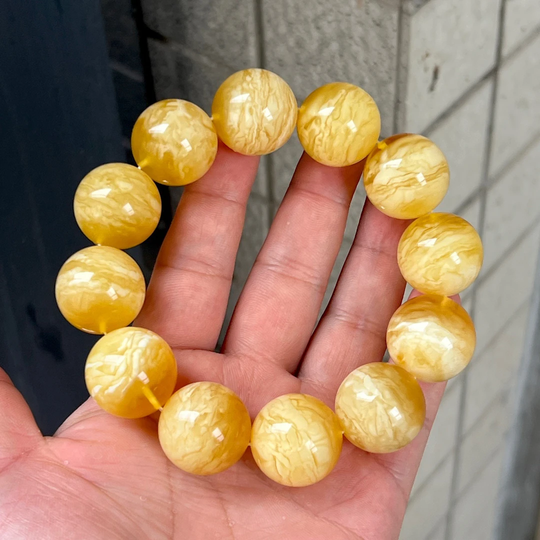 66.89 21mm精品俄罗斯蜜蜡金瓷白虎皮纹千层雪妖花圆珠单圈手串