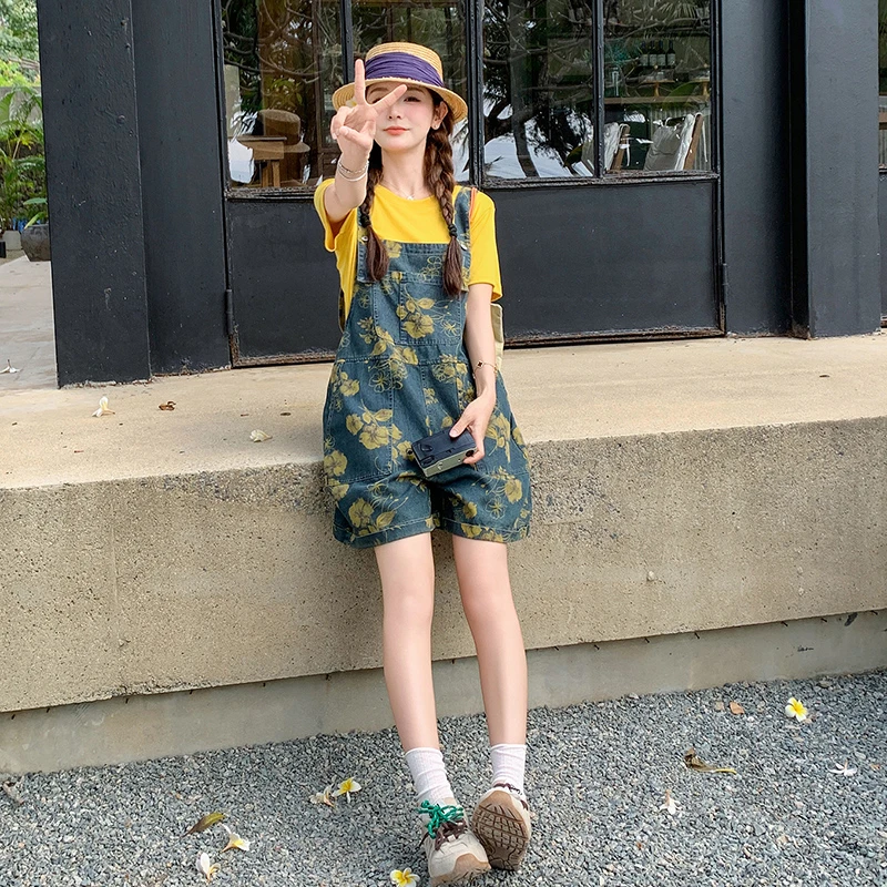 蓝色设计感印花牛仔背带裤套装女2025夏韩系小个子减龄T恤两件套