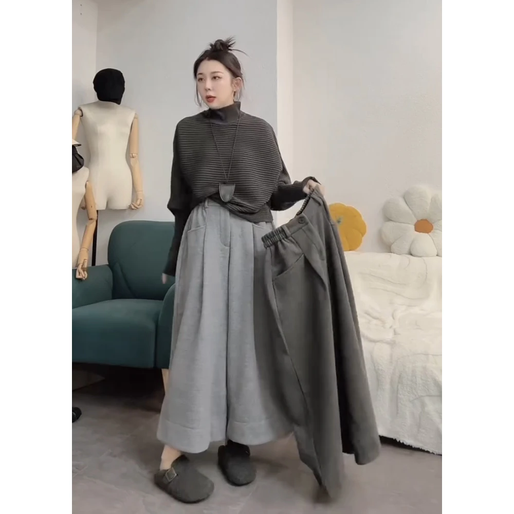 新款时尚加绒阔腿裤女秋冬2025新款慵懒风宽松高腰显瘦休闲九分裤