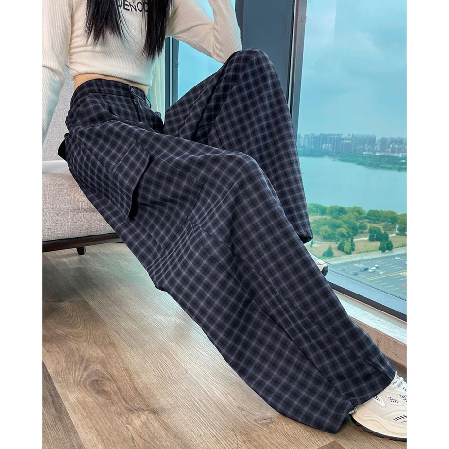 藏青色格子弯刀工装裤女秋冬季户外运动休闲阔腿登山裤子高腰垂感
