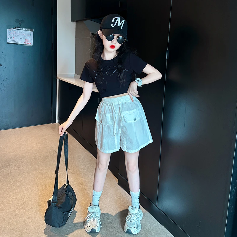 女童夏装2025新款女孩时尚工装短裤套装儿童夏季休闲t恤衣服套装