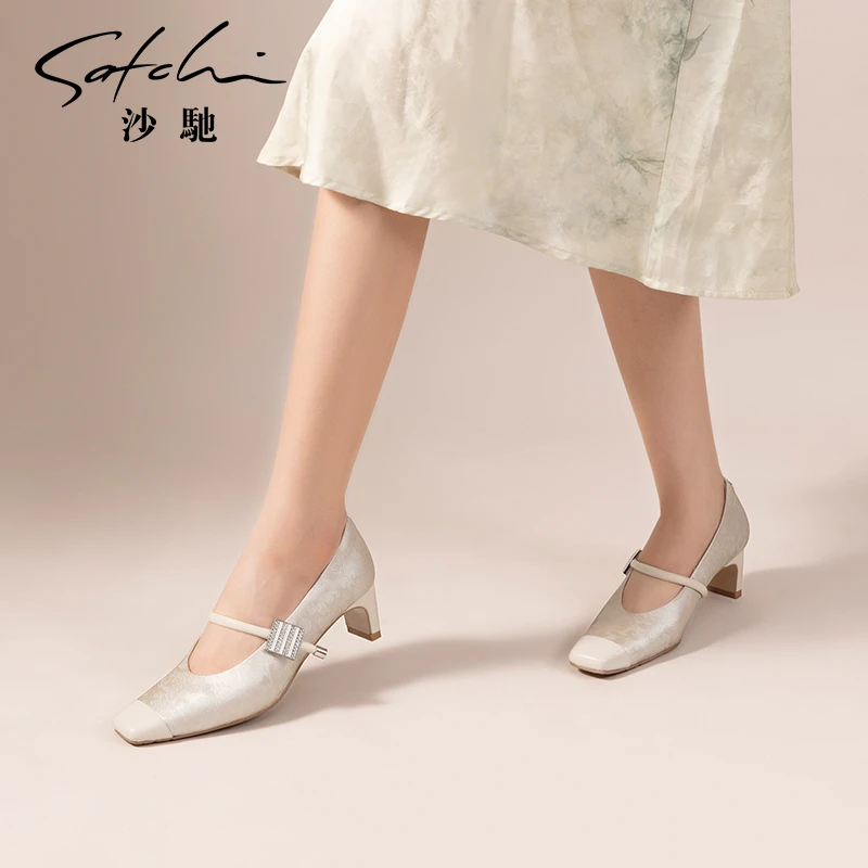 沙驰女鞋优雅国风新中式粗跟单鞋女2024年秋季新款职业鞋玛丽珍鞋