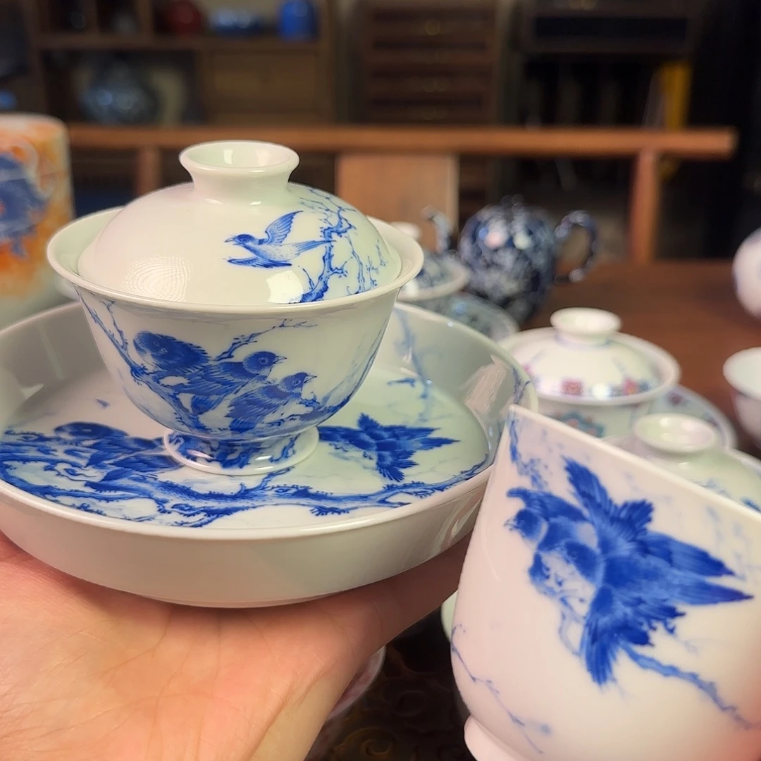 重工花鸟盖碗名窑口放漏