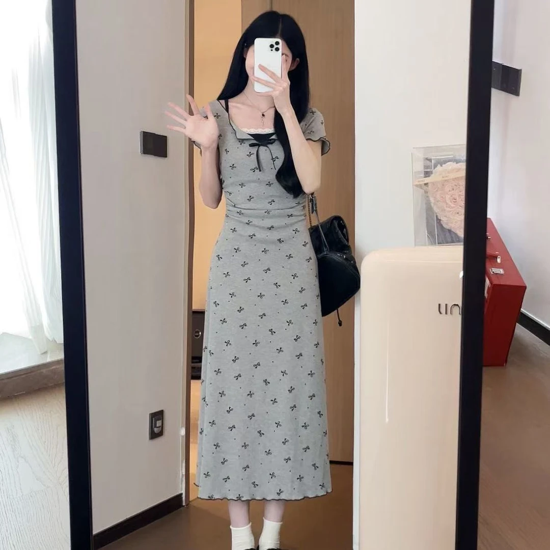蝴蝶结蝴蝶长裙夏季短袖连衣裙裙子减龄法式气质显瘦长款