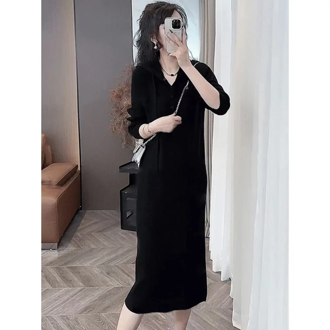 2025秋冬新款连帽毛衣针织连衣裙气质百搭慵懒宽松显瘦大码妈妈裙