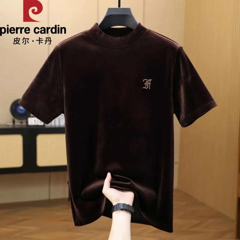 皮尔卡丹秋冬季新款金丝绒加厚男士半高领打底衫短袖内搭上衣男装