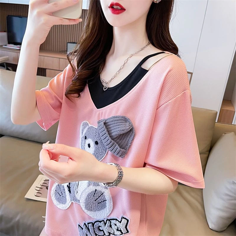 小众炸街高级感假两件短袖t恤女夏新款韩版宽松休闲刺绣小熊上衣