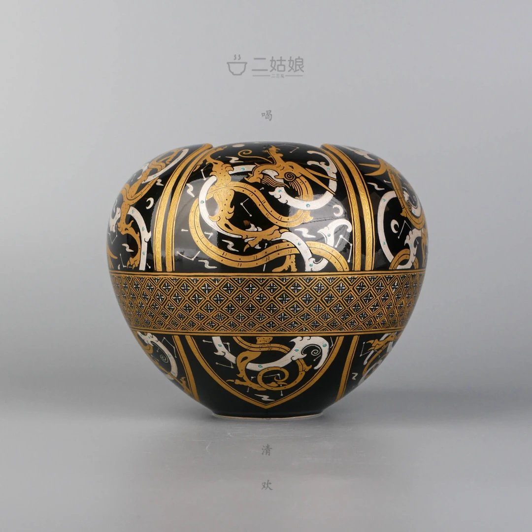 艺林堂藏珍系列漆器错金银蛟龙花口建水【全手工茶具860ml】