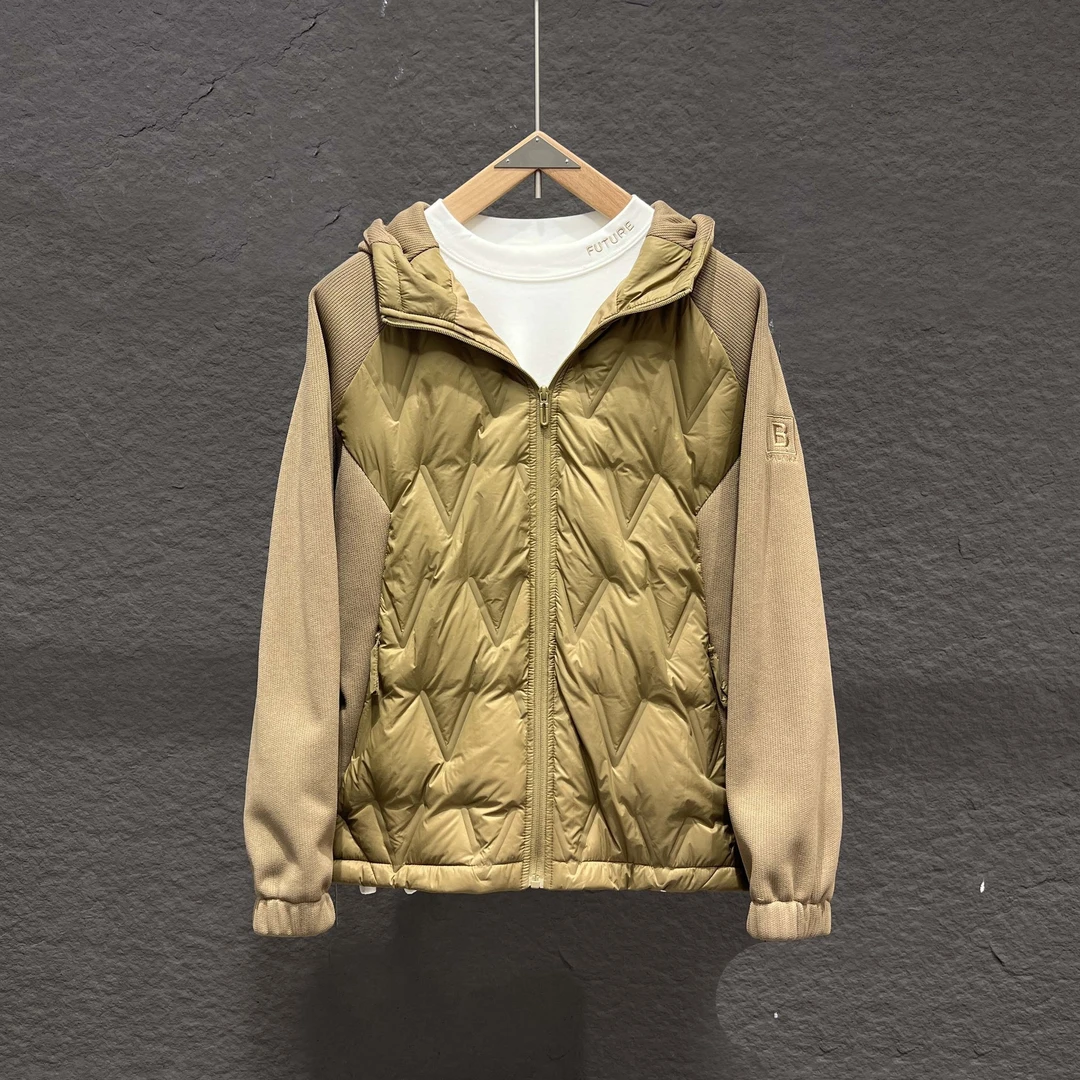 2025冬季新品潮男时尚针织袖拼接羽绒服B字绣花薄款连帽夹克 2437