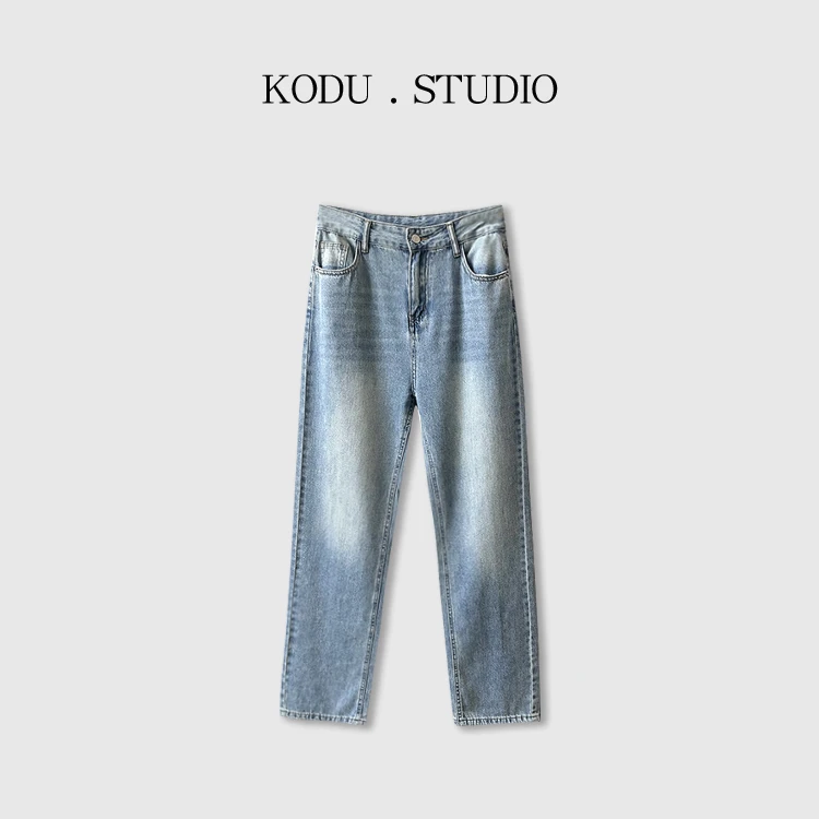 【刻度KODU】01-PT2660韩版高腰直筒后开叉浅色百搭压线宽松牛仔裤