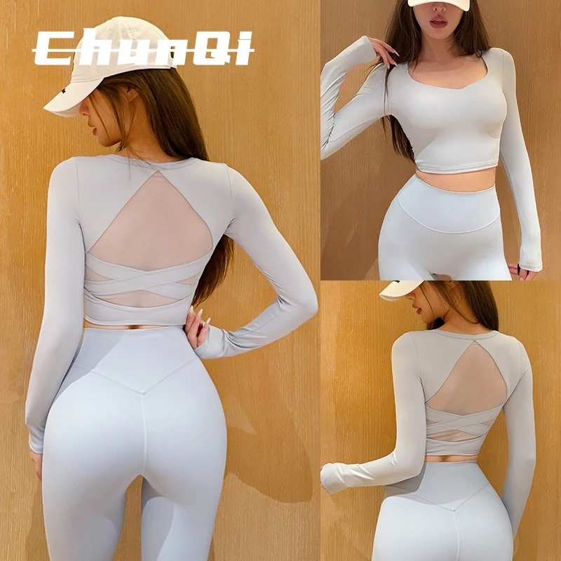 维多利亚普拉提绝美健身长袖女网纱美背带胸垫运动上衣蓝色瑜伽服