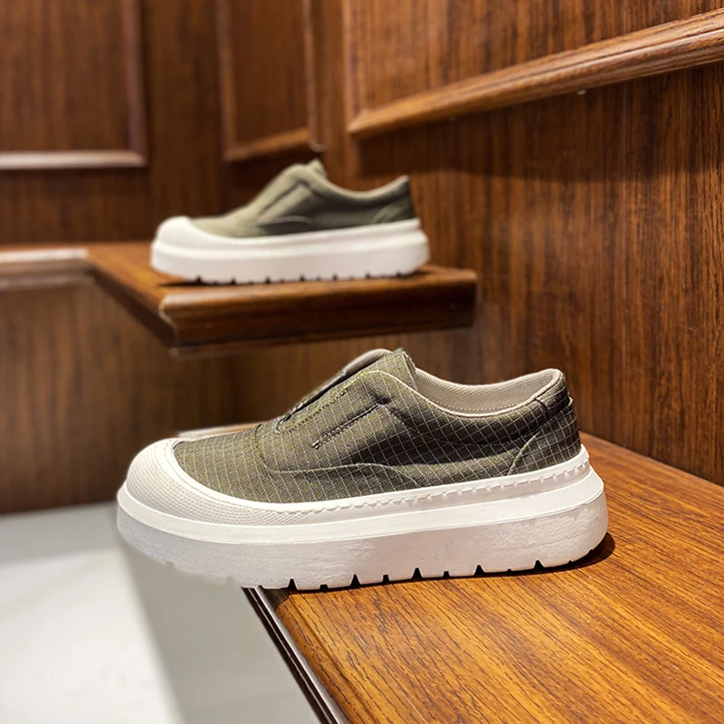 潮牌男鞋2025年春季新款高端透气格子布一脚蹬时尚百搭厚底懒人鞋