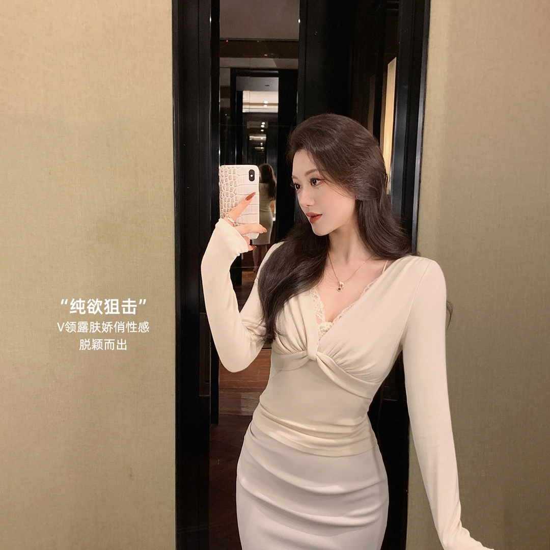 林关关【织光掠影】假两件性感扭结蕾丝拼接上衣女纯欲显瘦长袖T恤