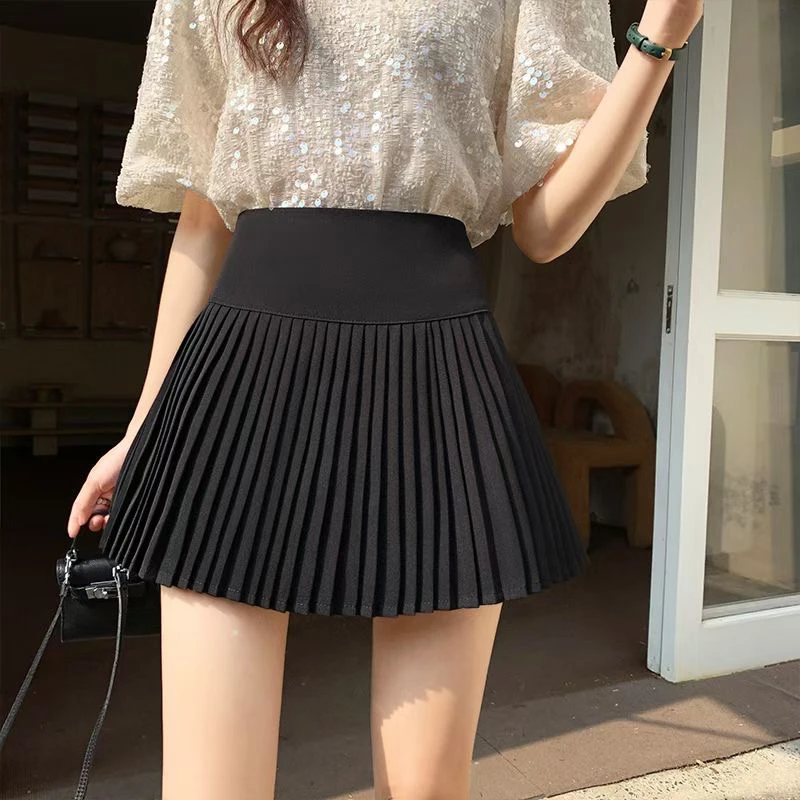 百褶半身裙子女装春夏季2025新款高腰a字短裙小个子百搭黑色西装