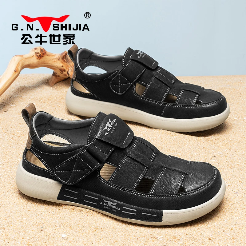 公牛世家男鞋夏季户外包头镂空沙滩鞋男士涉水防滑越南皮凉鞋男款